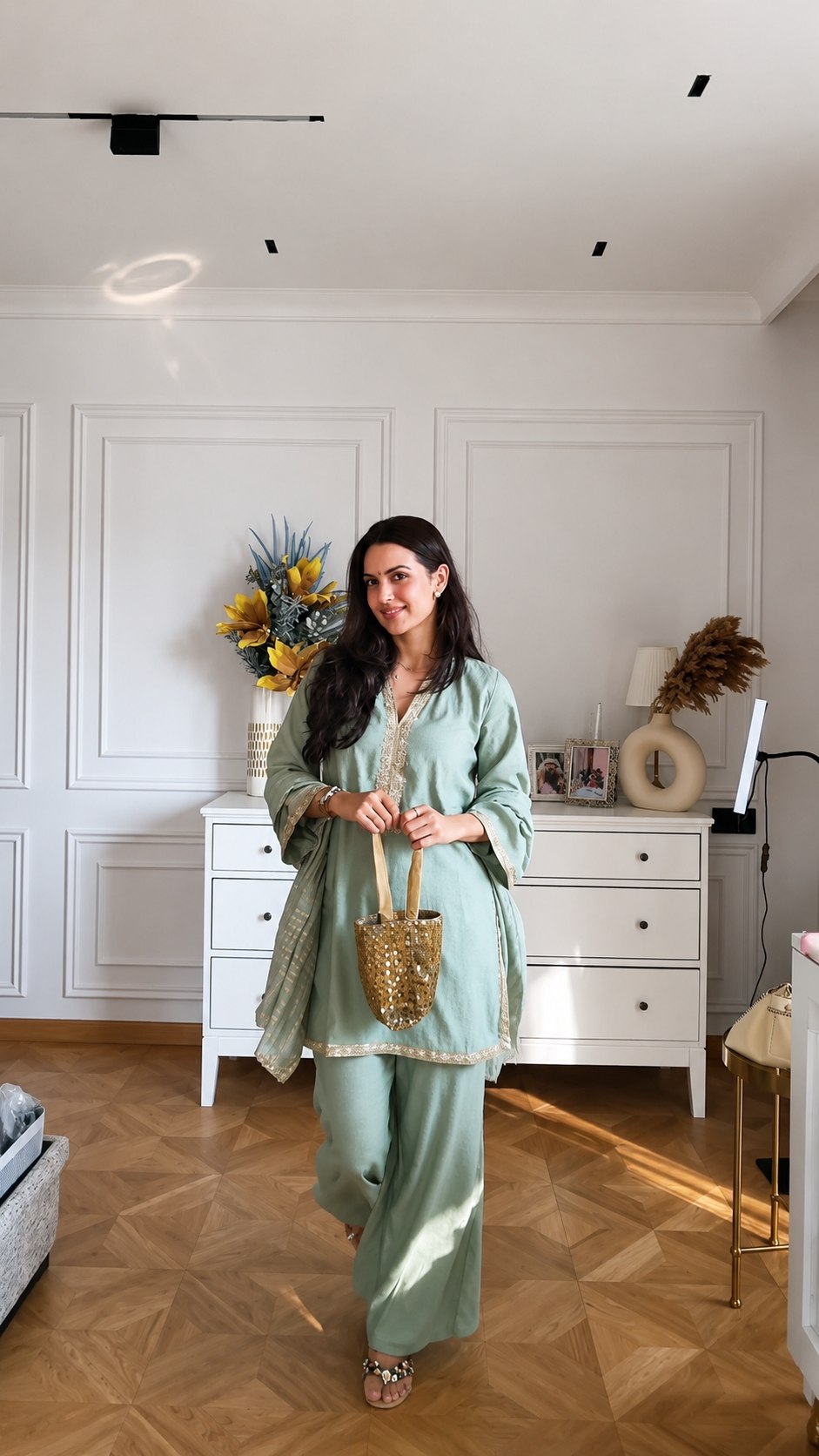 Designer Pure Banana Silk Kurti Palazzo Set with Jacquard Dupatta