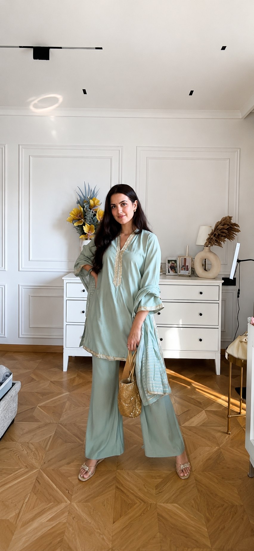 Designer Pure Banana Silk Kurti Palazzo Set with Jacquard Dupatta