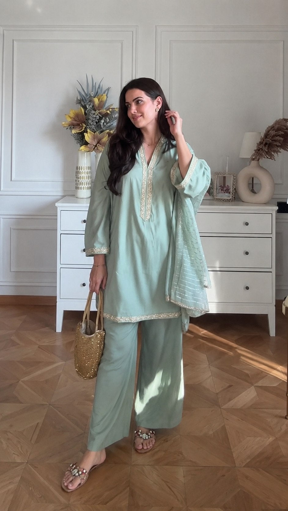 Designer Pure Banana Silk Kurti Palazzo Set with Jacquard Dupatta