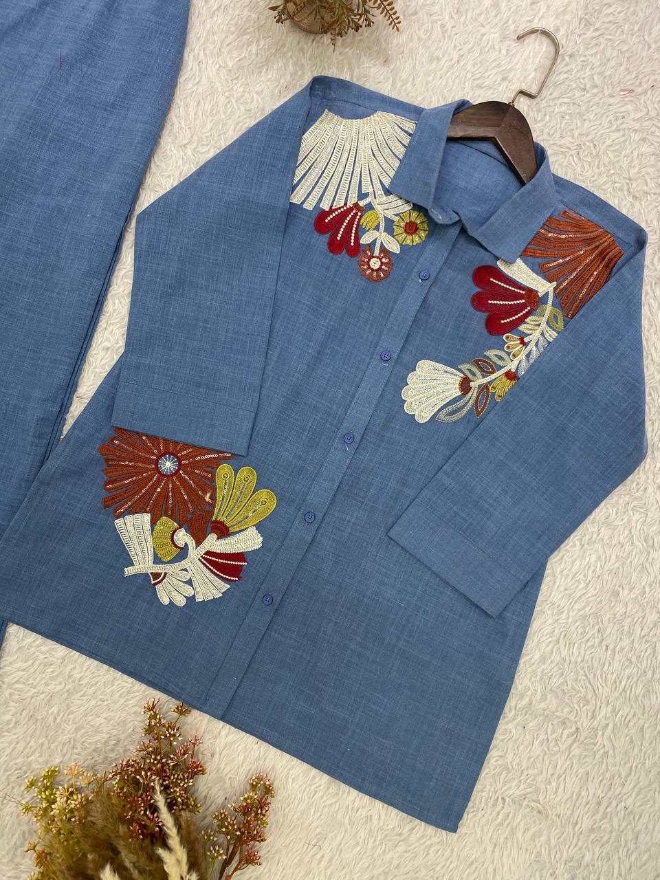 Designer Cotton Denim Co-Ord Set with Sequence Embroidery for Women