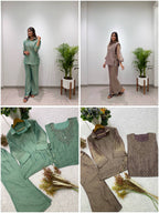 Designer Salsa Silk Shirt Pant Set with Hand Embroidered Shrug for Women