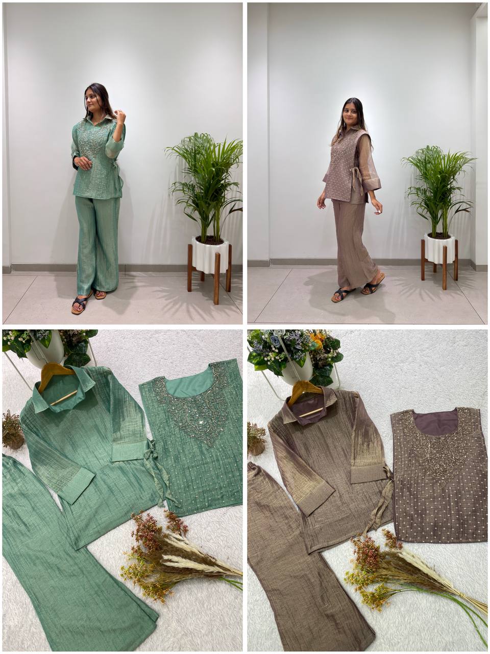 Designer Salsa Silk Shirt Pant Set with Hand Embroidered Shrug for Women