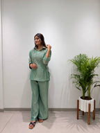 Designer Salsa Silk Shirt Pant Set with Hand Embroidered Shrug for Women