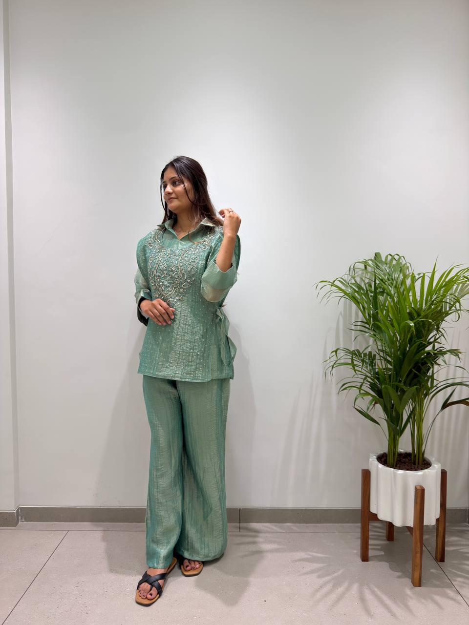 Designer Salsa Silk Shirt Pant Set with Hand Embroidered Shrug for Women