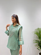 Designer Salsa Silk Shirt Pant Set with Hand Embroidered Shrug for Women