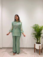 Designer Salsa Silk Shirt Pant Set with Hand Embroidered Shrug for Women