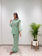 Designer Salsa Silk Shirt Pant Set with Hand Embroidered Shrug for Women