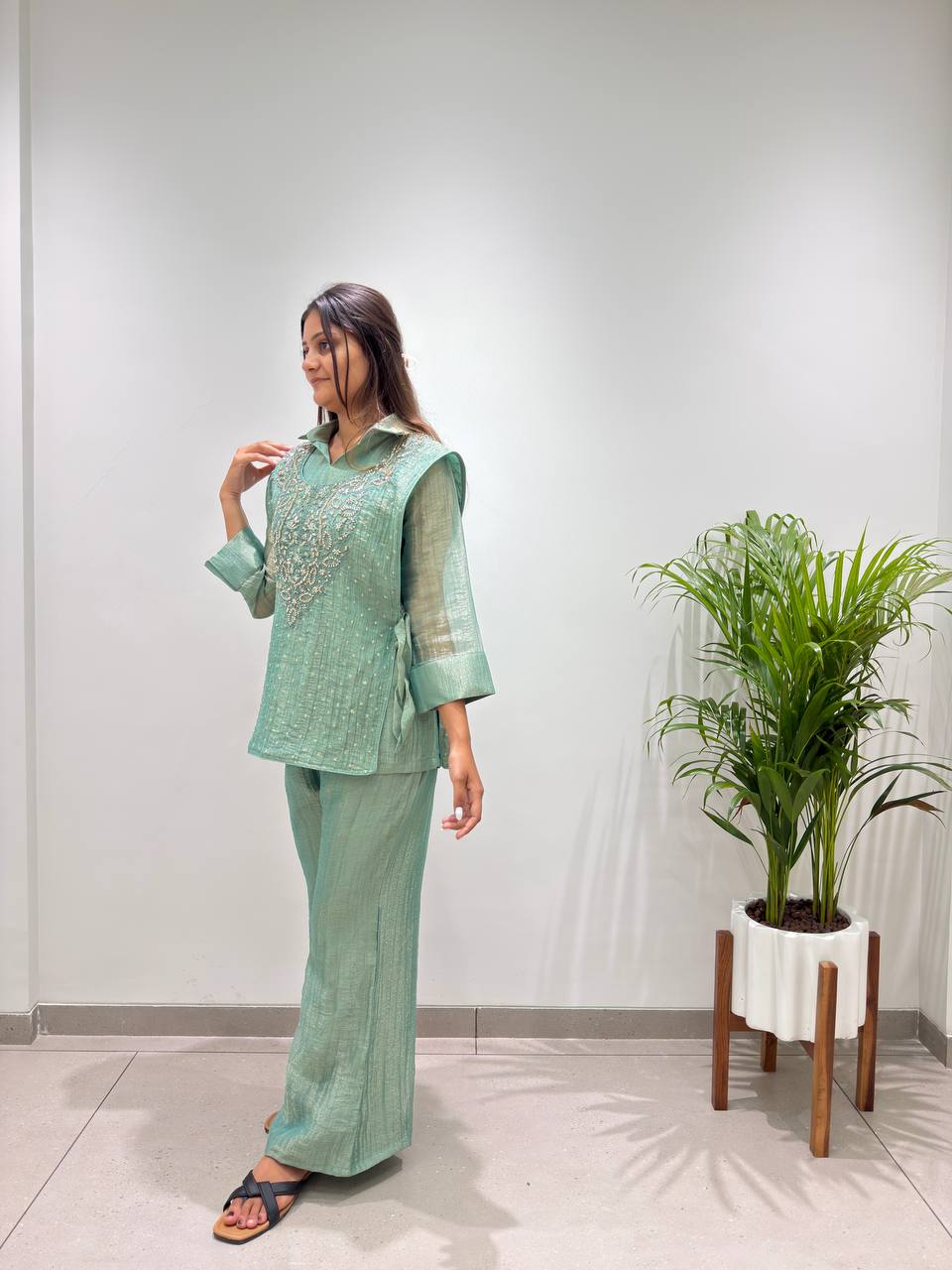 Designer Salsa Silk Shirt Pant Set with Hand Embroidered Shrug for Women