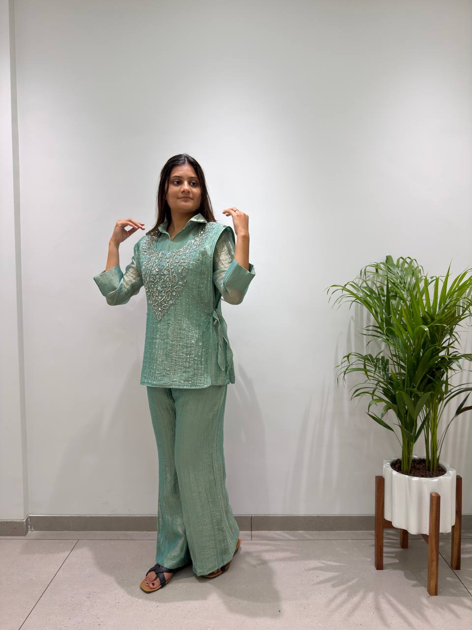 Designer Salsa Silk Shirt Pant Set with Hand Embroidered Shrug for Women