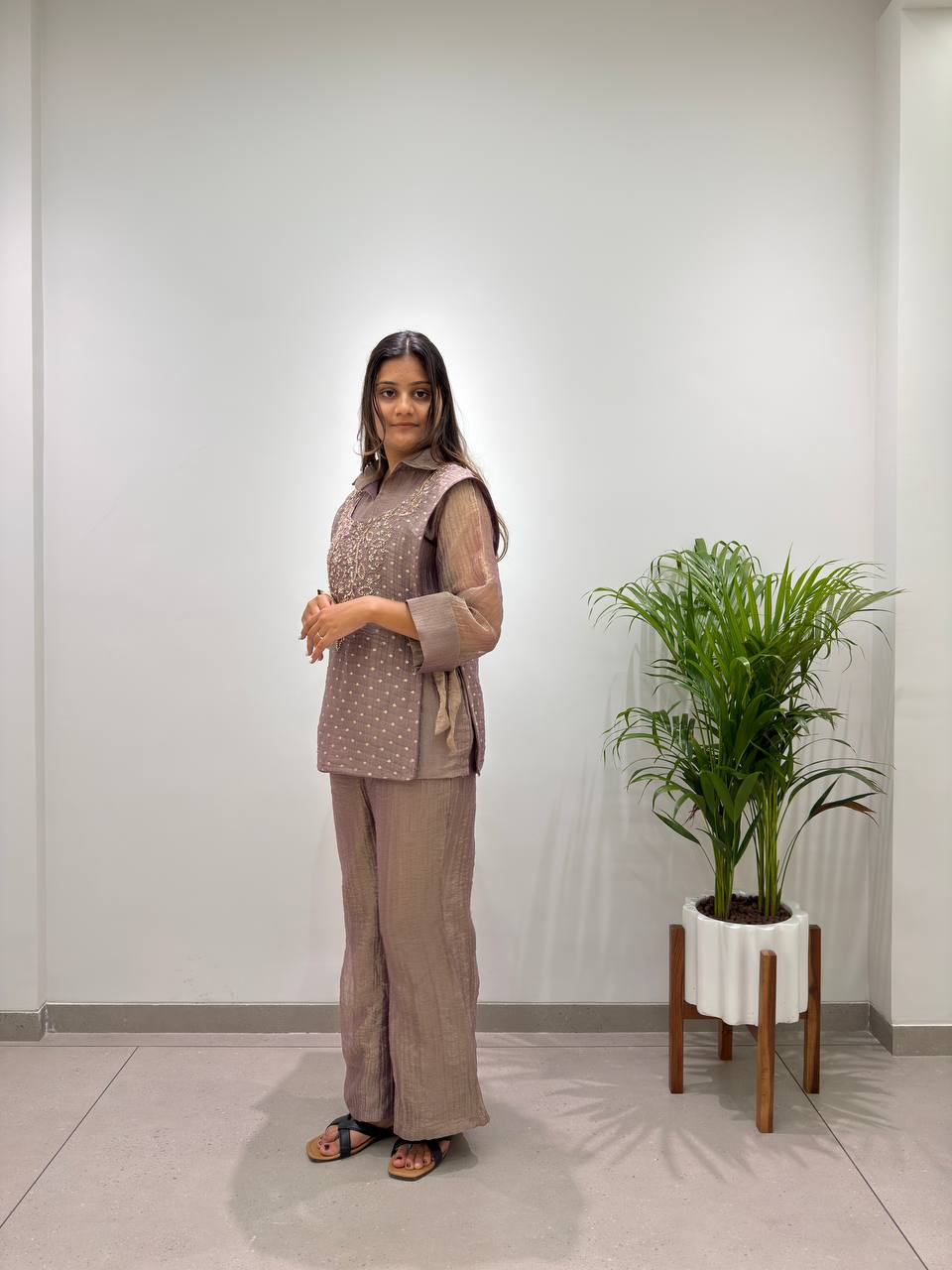 Designer Salsa Silk Shirt Pant Set with Hand Embroidered Shrug for Women