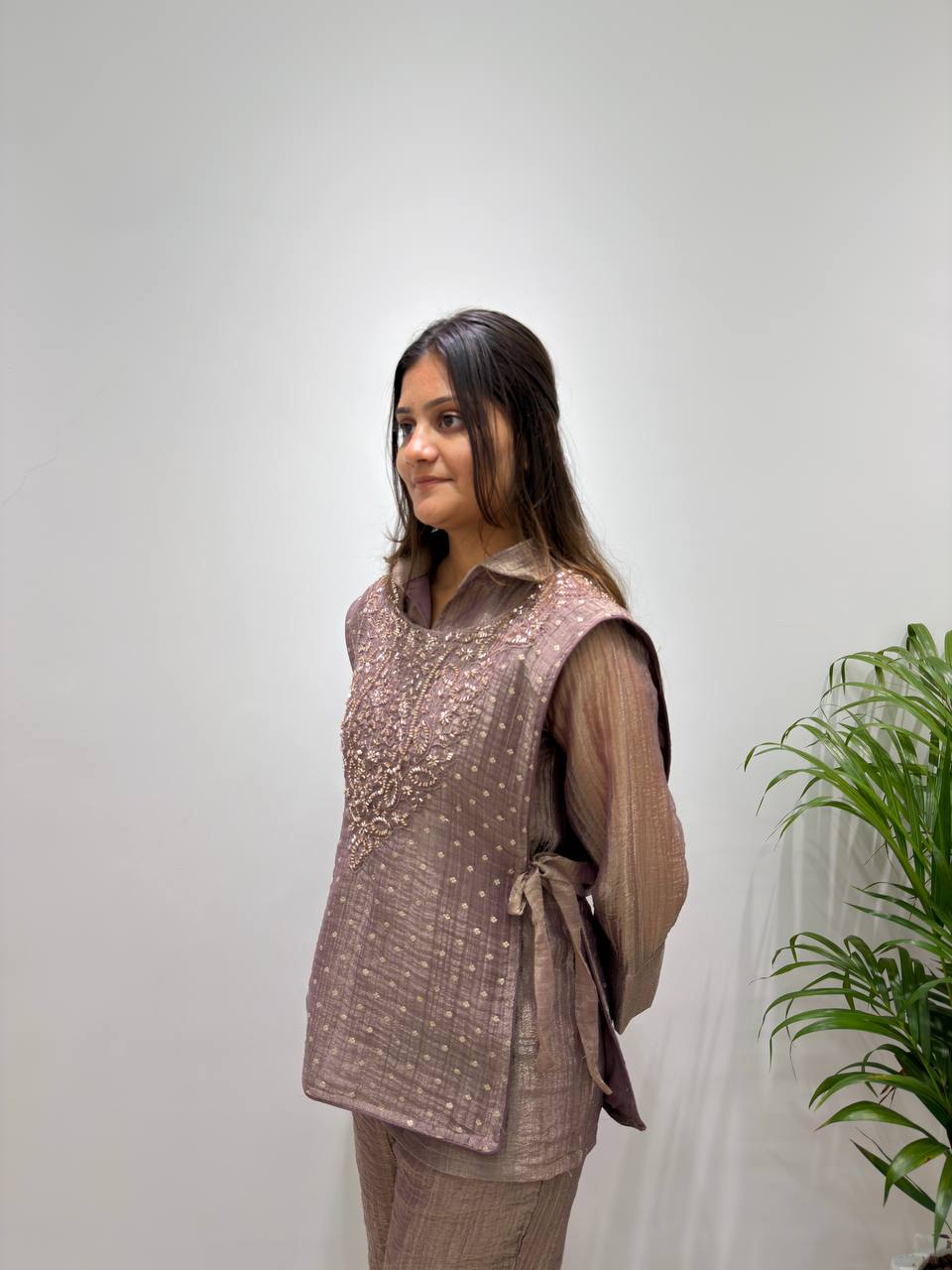 Designer Salsa Silk Shirt Pant Set with Hand Embroidered Shrug for Women