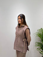 Designer Salsa Silk Shirt Pant Set with Hand Embroidered Shrug for Women