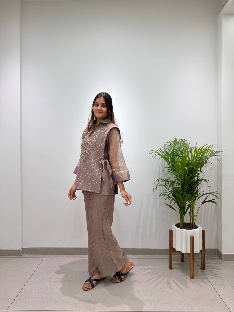 Designer Salsa Silk Shirt Pant Set with Hand Embroidered Shrug for Women