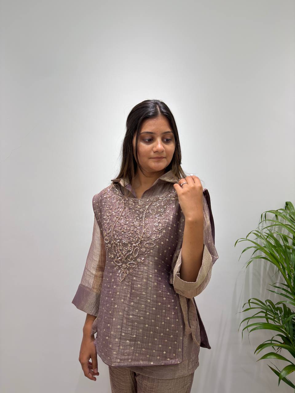 Designer Salsa Silk Shirt Pant Set with Hand Embroidered Shrug for Women