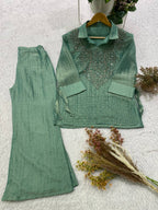 Designer Salsa Silk Shirt Pant Set with Hand Embroidered Shrug for Women