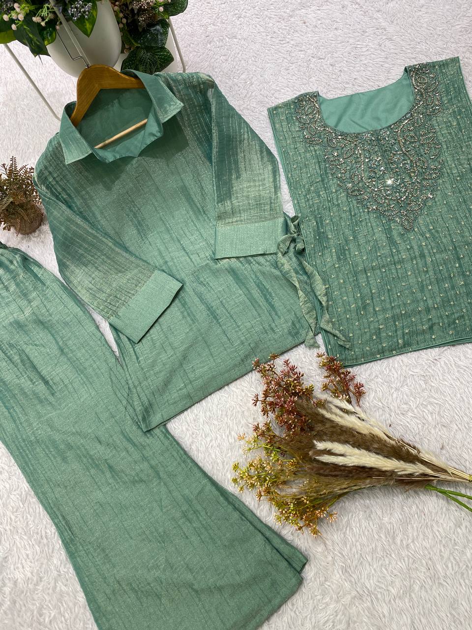 Designer Salsa Silk Shirt Pant Set with Hand Embroidered Shrug for Women