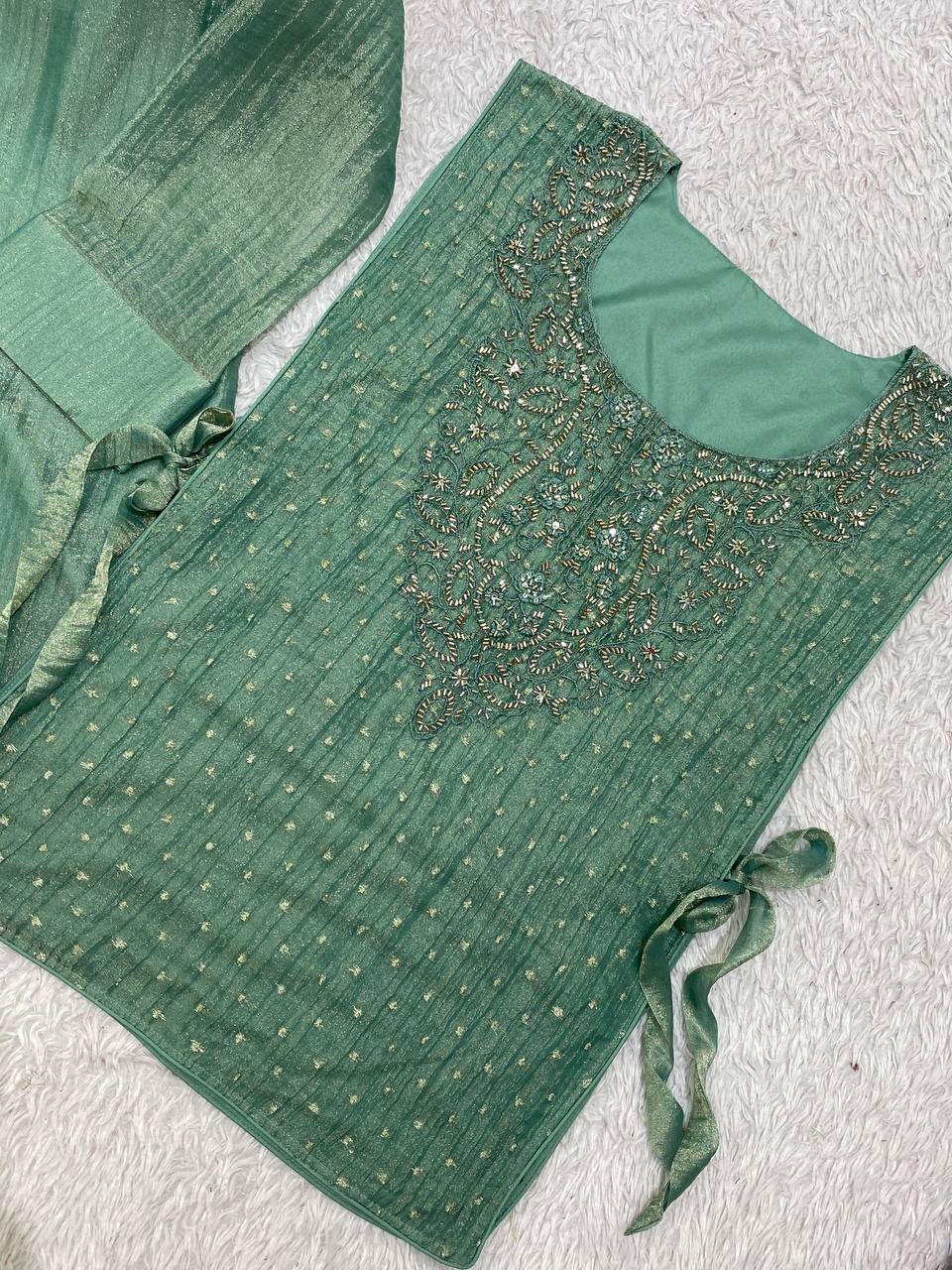 Designer Salsa Silk Shirt Pant Set with Hand Embroidered Shrug for Women