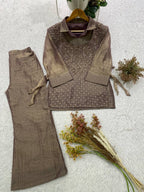 Designer Salsa Silk Shirt Pant Set with Hand Embroidered Shrug for Women