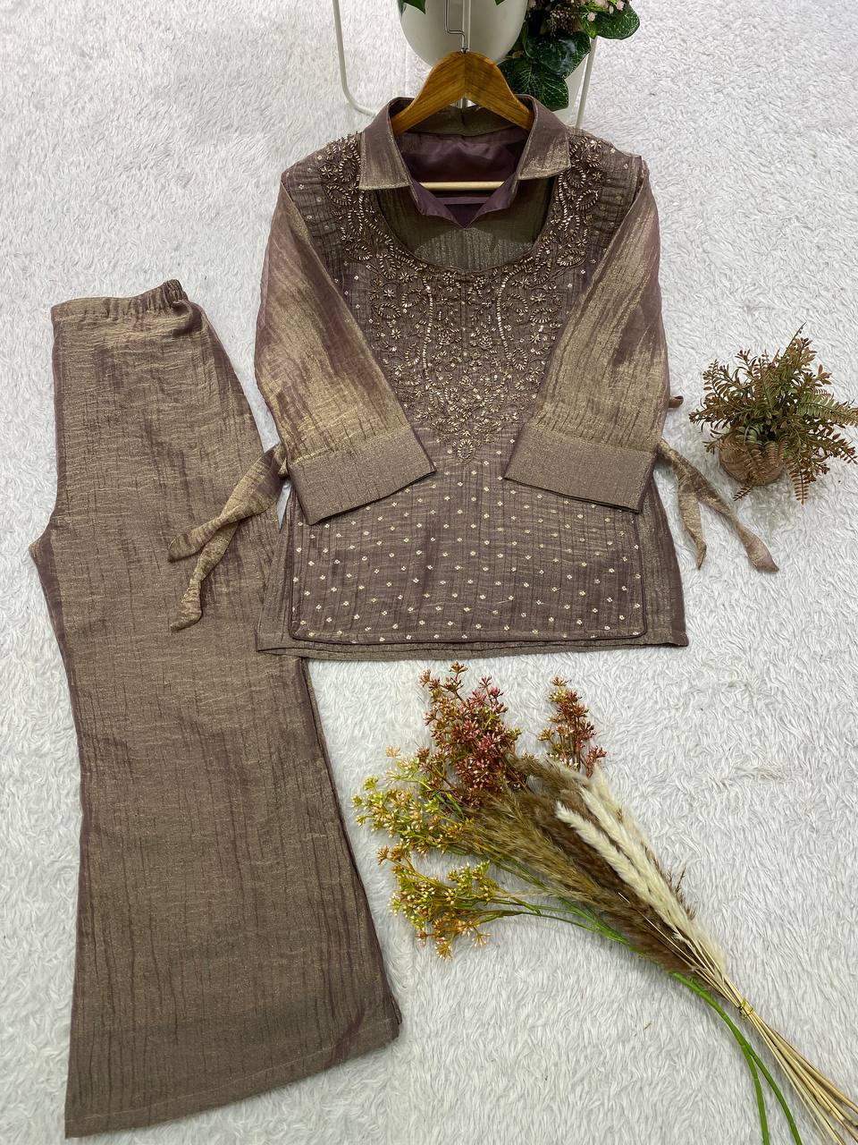 Designer Salsa Silk Shirt Pant Set with Hand Embroidered Shrug for Women
