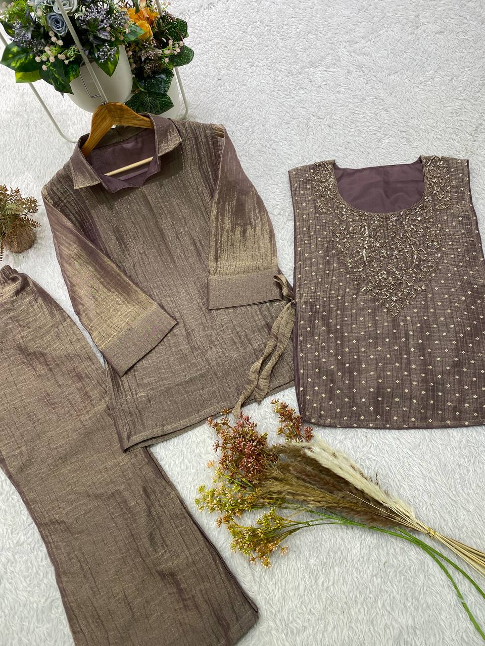 Designer Salsa Silk Shirt Pant Set with Hand Embroidered Shrug for Women