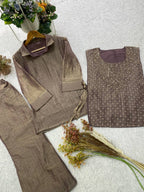 Designer Salsa Silk Shirt Pant Set with Hand Embroidered Shrug for Women