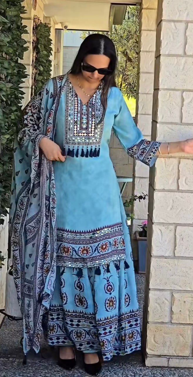 Printed Top Palazzo Dupatta Set With Real Mirror Work