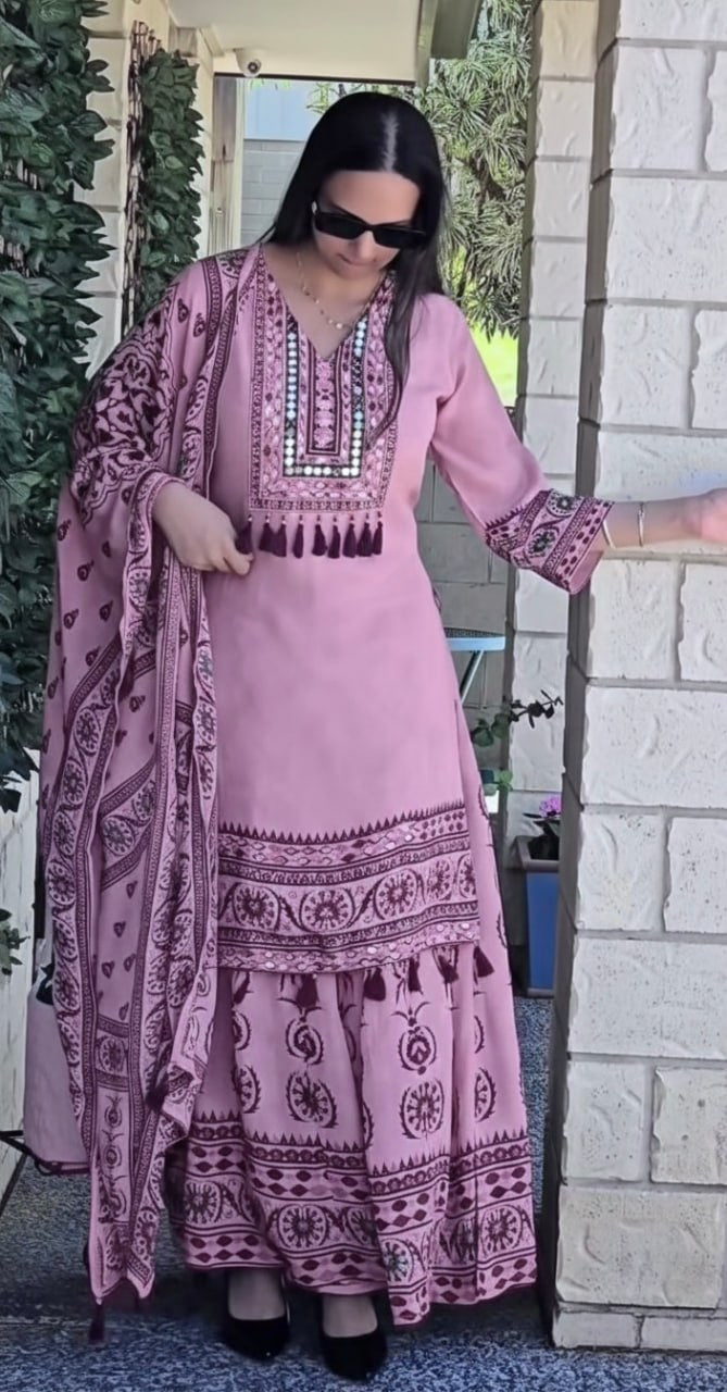 Printed Top Palazzo Dupatta Set With Real Mirror Work