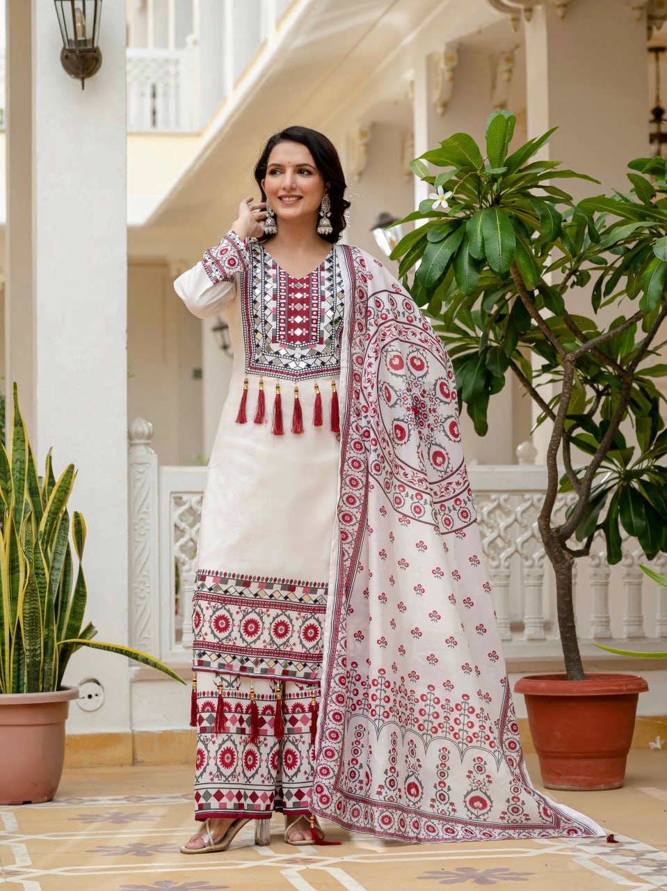 Printed Top Palazzo Dupatta Set With Real Mirror Work