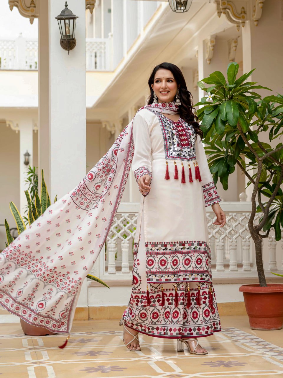 Printed Top Palazzo Dupatta Set With Real Mirror Work