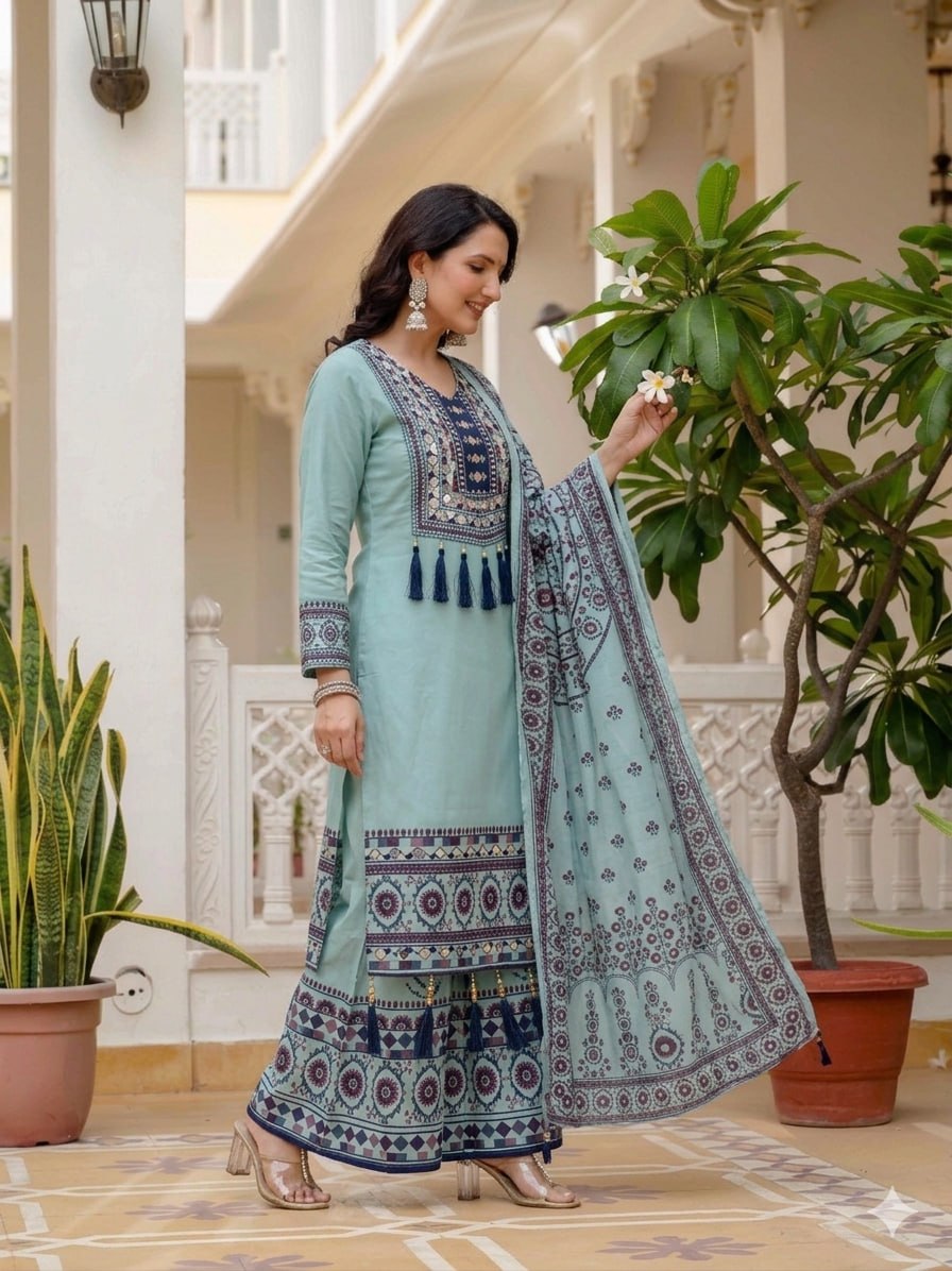Printed Top Palazzo Dupatta Set With Real Mirror Work