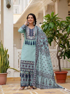 Printed Top Palazzo Dupatta Set With Real Mirror Work