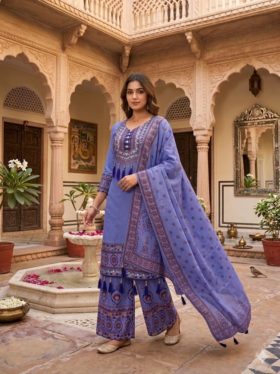 Printed Top Palazzo Dupatta Set With Real Mirror Work