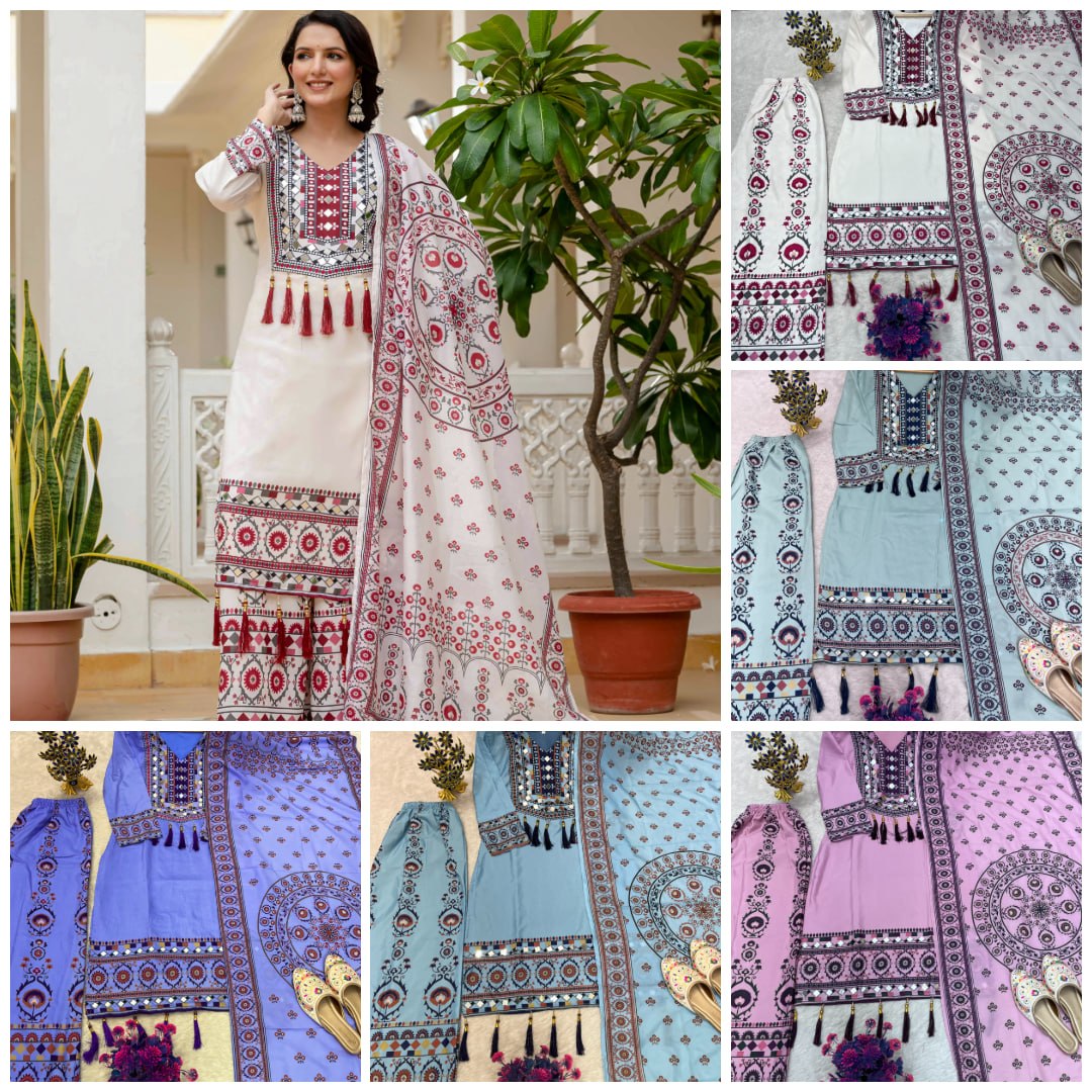 Printed Top Palazzo Dupatta Set With Real Mirror Work