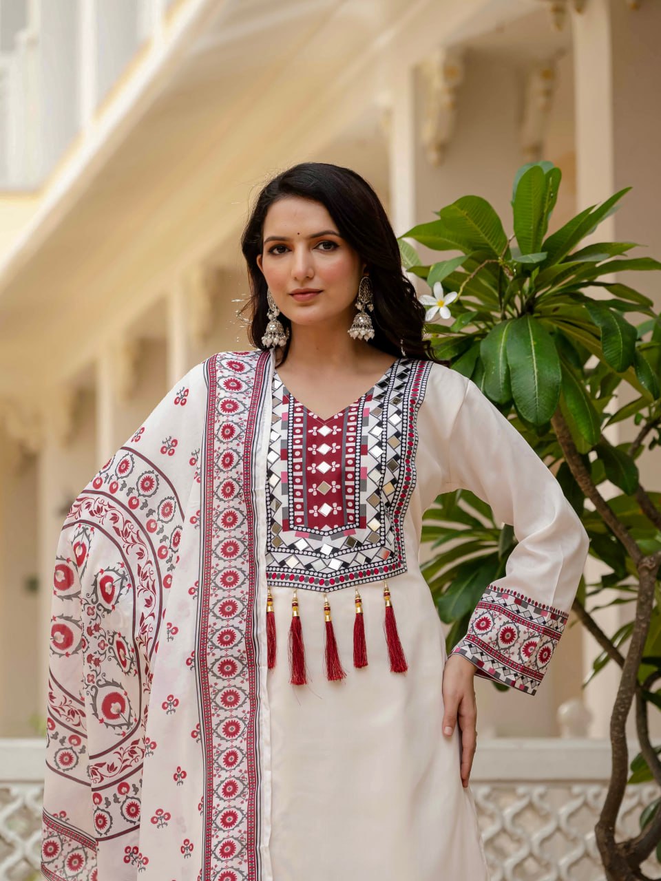 Printed Top Palazzo Dupatta Set With Real Mirror Work
