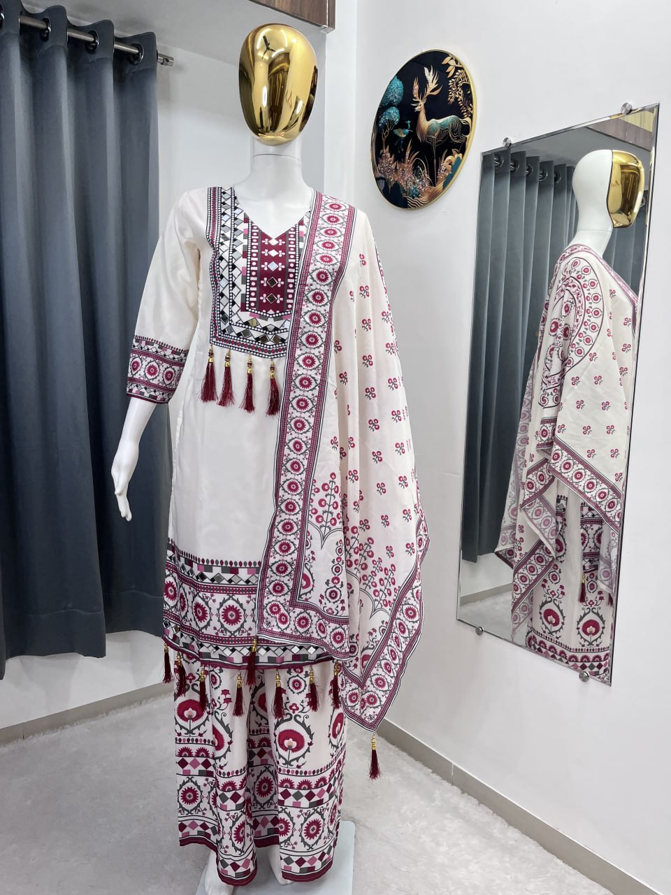 Printed Top Palazzo Dupatta Set With Real Mirror Work