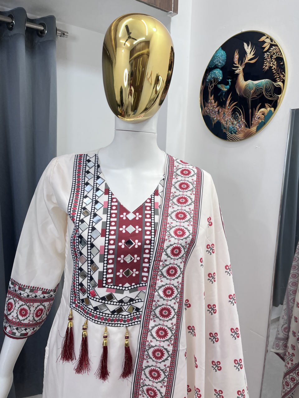 Printed Top Palazzo Dupatta Set With Real Mirror Work