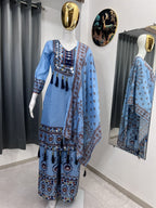 Printed Top Palazzo Dupatta Set With Real Mirror Work