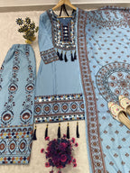 Printed Top Palazzo Dupatta Set With Real Mirror Work