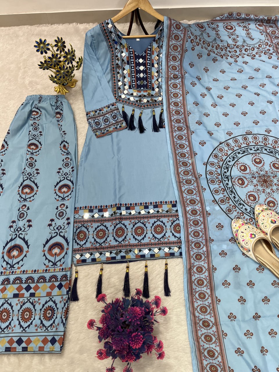 Printed Top Palazzo Dupatta Set With Real Mirror Work