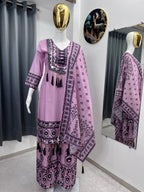 Printed Top Palazzo Dupatta Set With Real Mirror Work