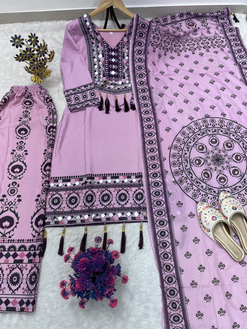 Printed Top Palazzo Dupatta Set With Real Mirror Work