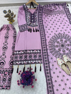 Printed Top Palazzo Dupatta Set With Real Mirror Work