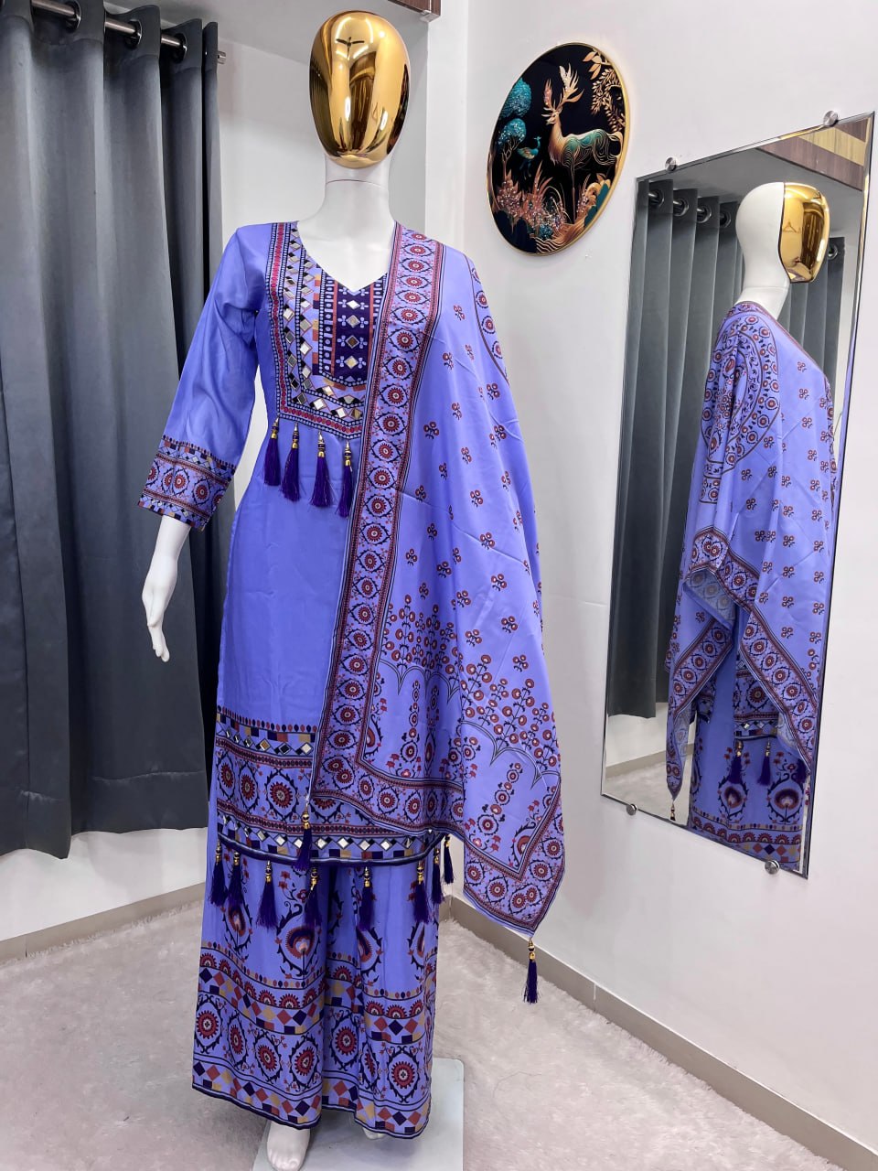 Printed Top Palazzo Dupatta Set With Real Mirror Work