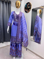 Printed Top Palazzo Dupatta Set With Real Mirror Work