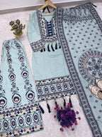 Printed Top Palazzo Dupatta Set With Real Mirror Work