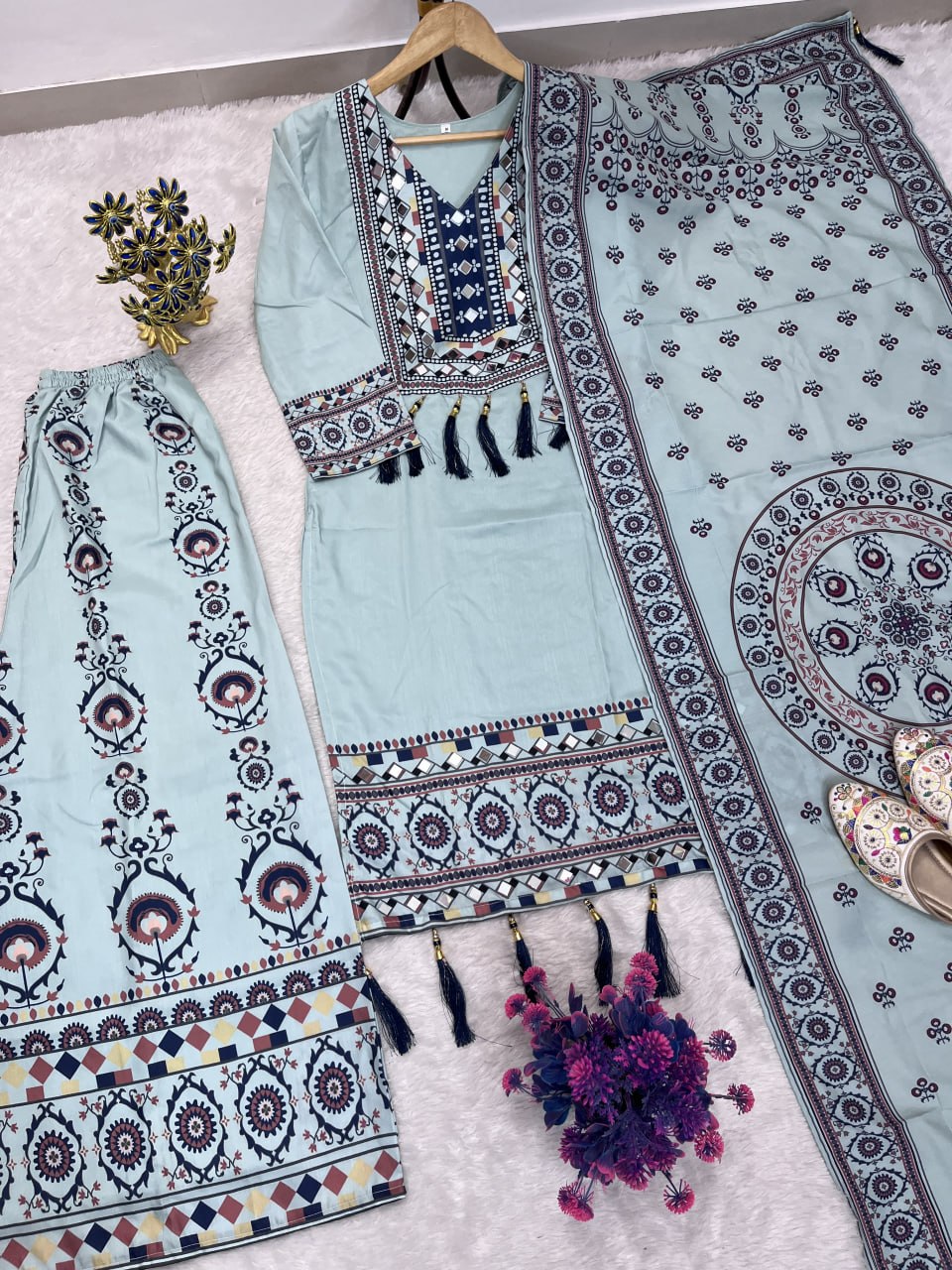 Printed Top Palazzo Dupatta Set With Real Mirror Work
