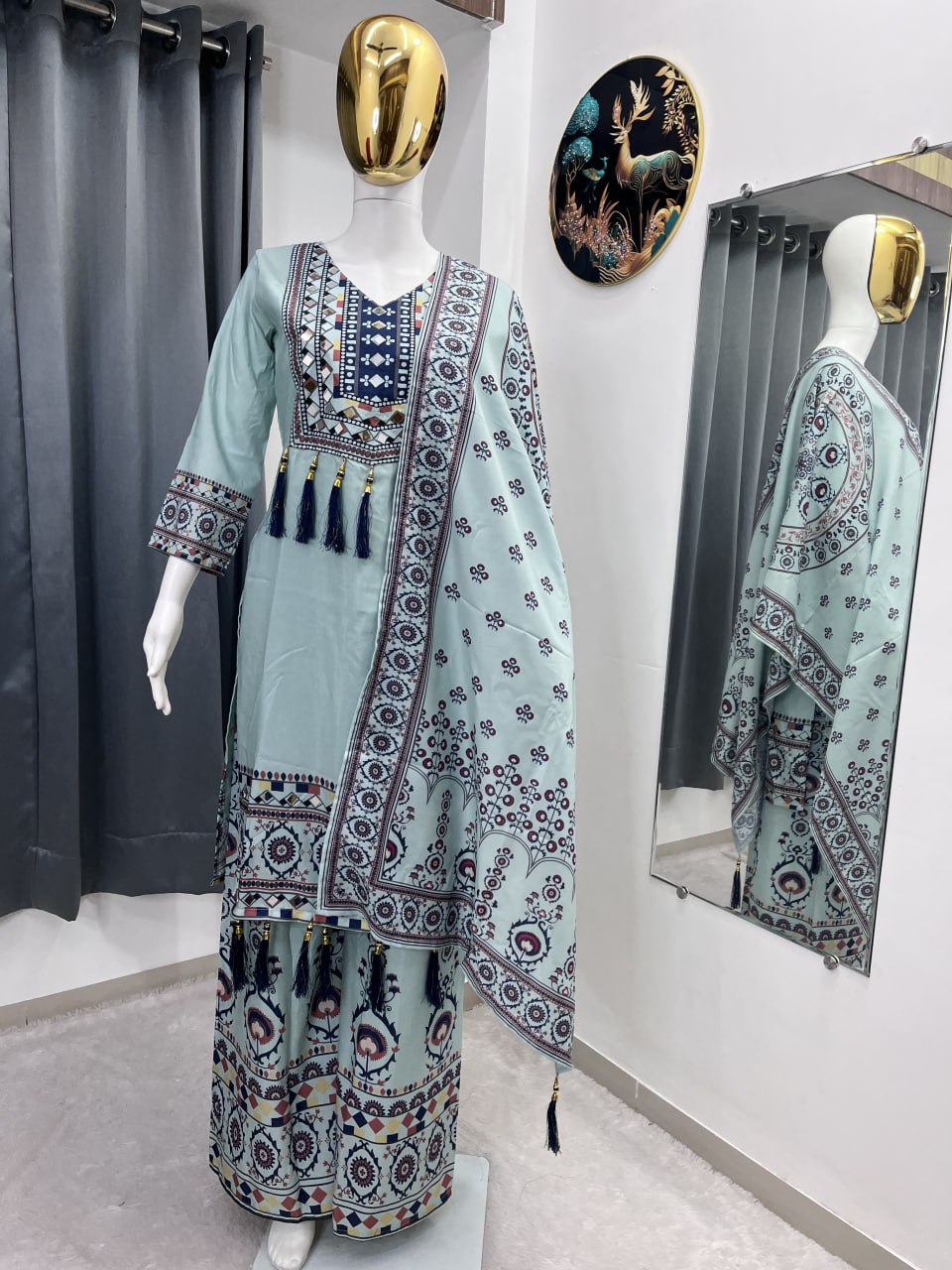 Printed Top Palazzo Dupatta Set With Real Mirror Work