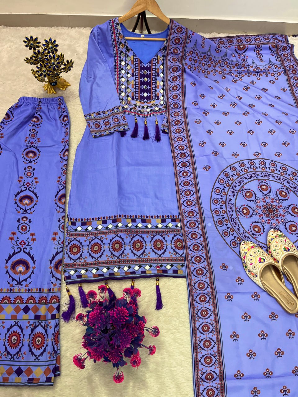 Printed Top Palazzo Dupatta Set With Real Mirror Work