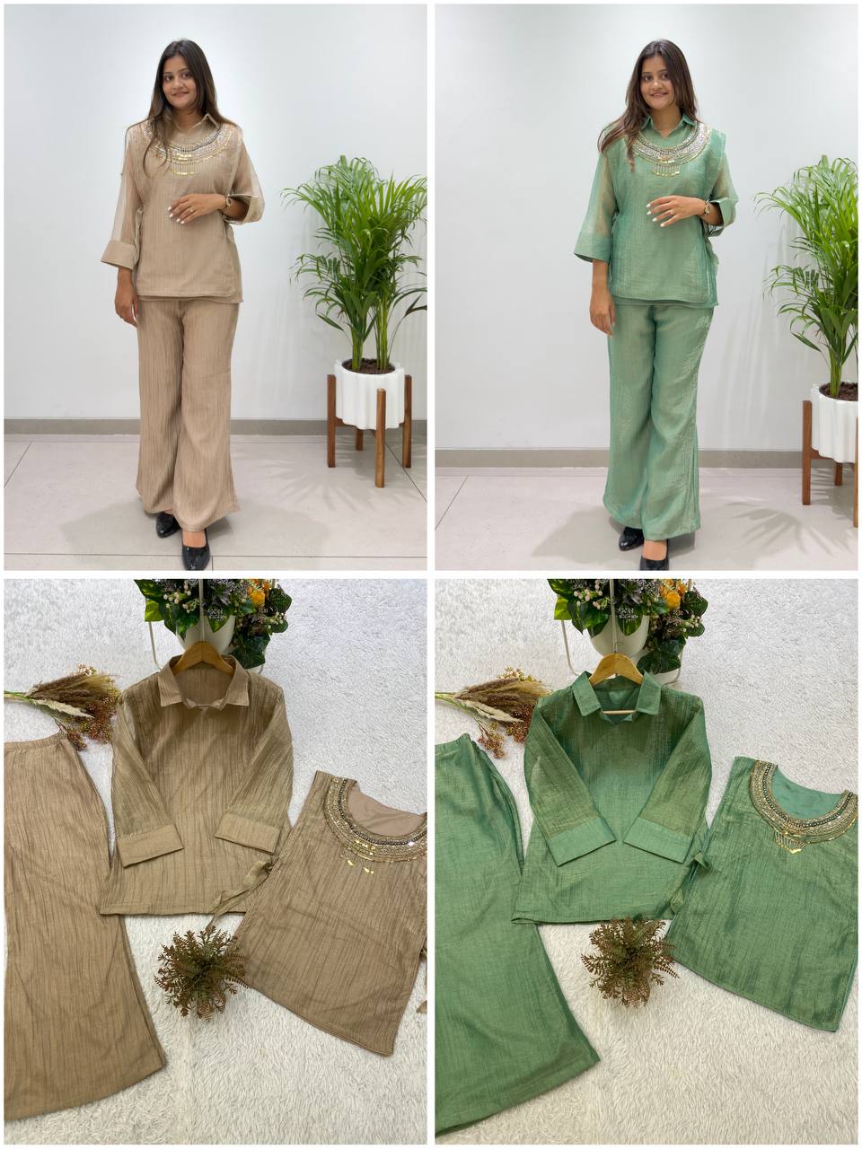 Designer Salsa Silk Shirt, Pant & Hand-Embroidered Shrug Set