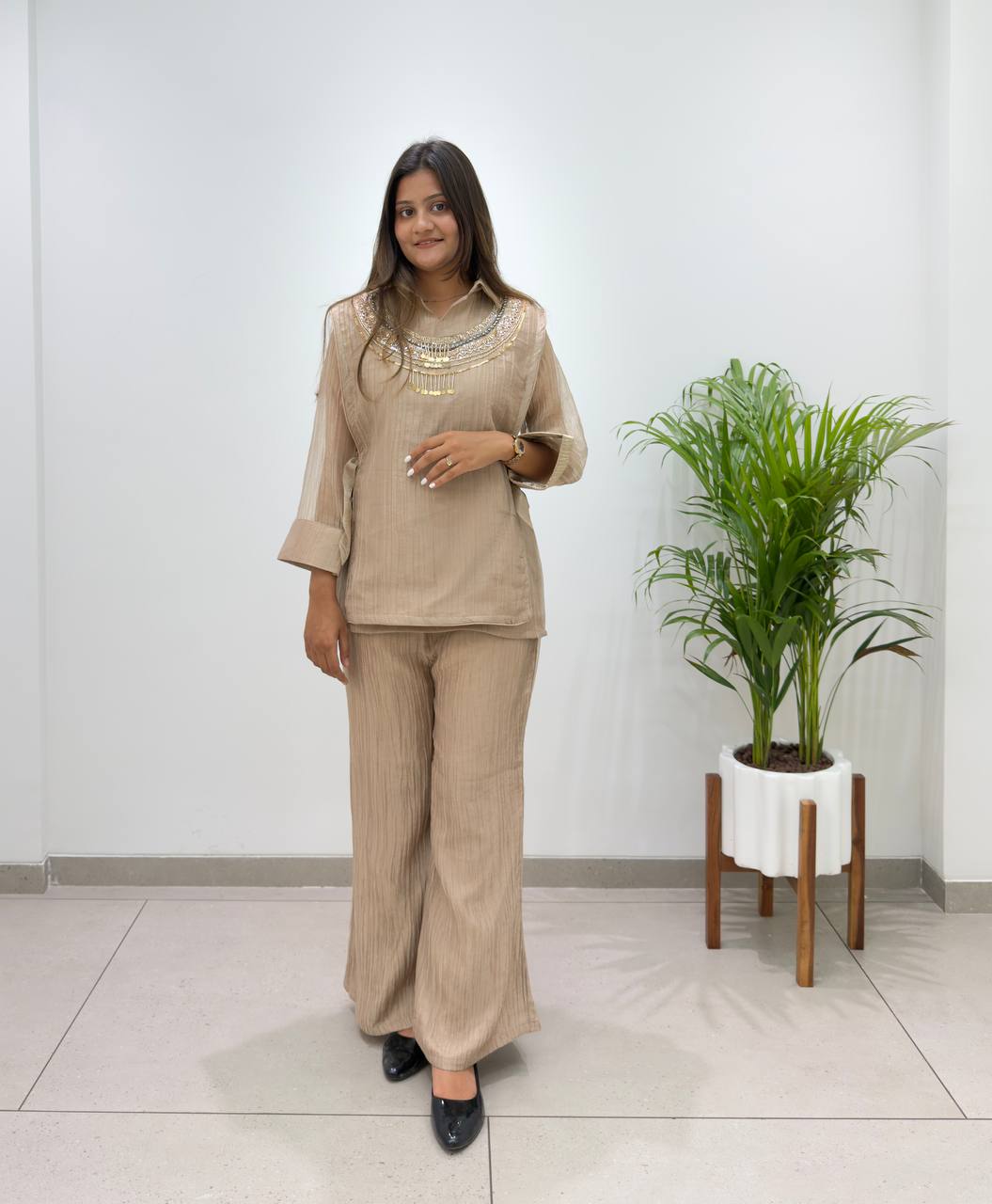 Designer Salsa Silk Shirt, Pant & Hand-Embroidered Shrug Set